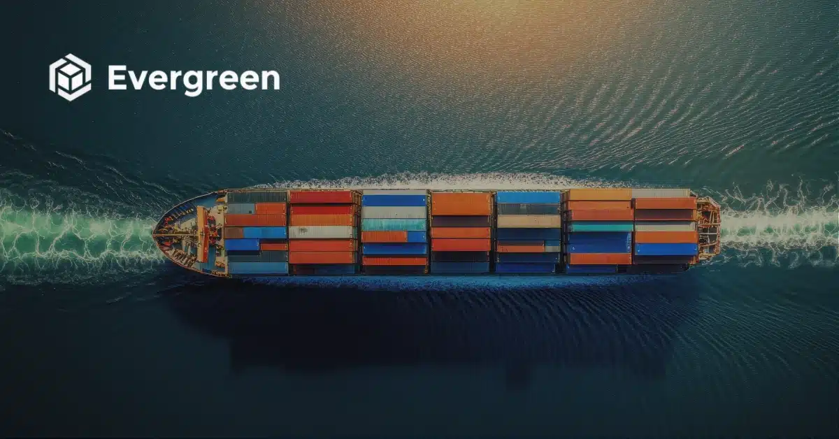 Evergreen logo over an aerial view of a container ship